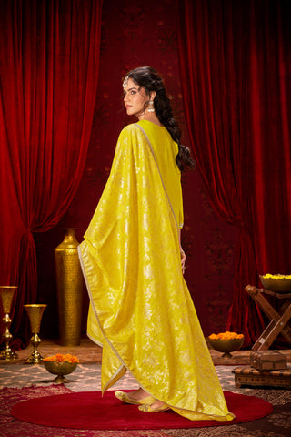 Sehmat Yellow Handcrafted Suit Set with Intricate Glass Bugle & Sequin Neck Detailing and Jacquard Dupatta in Pure Muslin with Pure Cotton Mul Lining