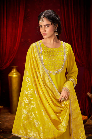 Sehmat Yellow Handcrafted Suit Set with Intricate Glass Bugle & Sequin Neck Detailing and Jacquard Dupatta in Pure Muslin with Pure Cotton Mul Lining
