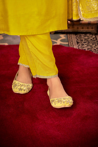 Sehmat Yellow Handcrafted Suit Set with Intricate Glass Bugle & Sequin Neck Detailing and Jacquard Dupatta in Pure Muslin with Pure Cotton Mul Lining