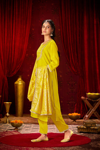 Sehmat Yellow Handcrafted Suit Set with Intricate Glass Bugle & Sequin Neck Detailing and Jacquard Dupatta in Pure Muslin with Pure Cotton Mul Lining