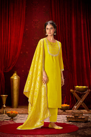 Sehmat Yellow Handcrafted Suit Set with Intricate Glass Bugle & Sequin Neck Detailing and Jacquard Dupatta in Pure Muslin with Pure Cotton Mul Lining