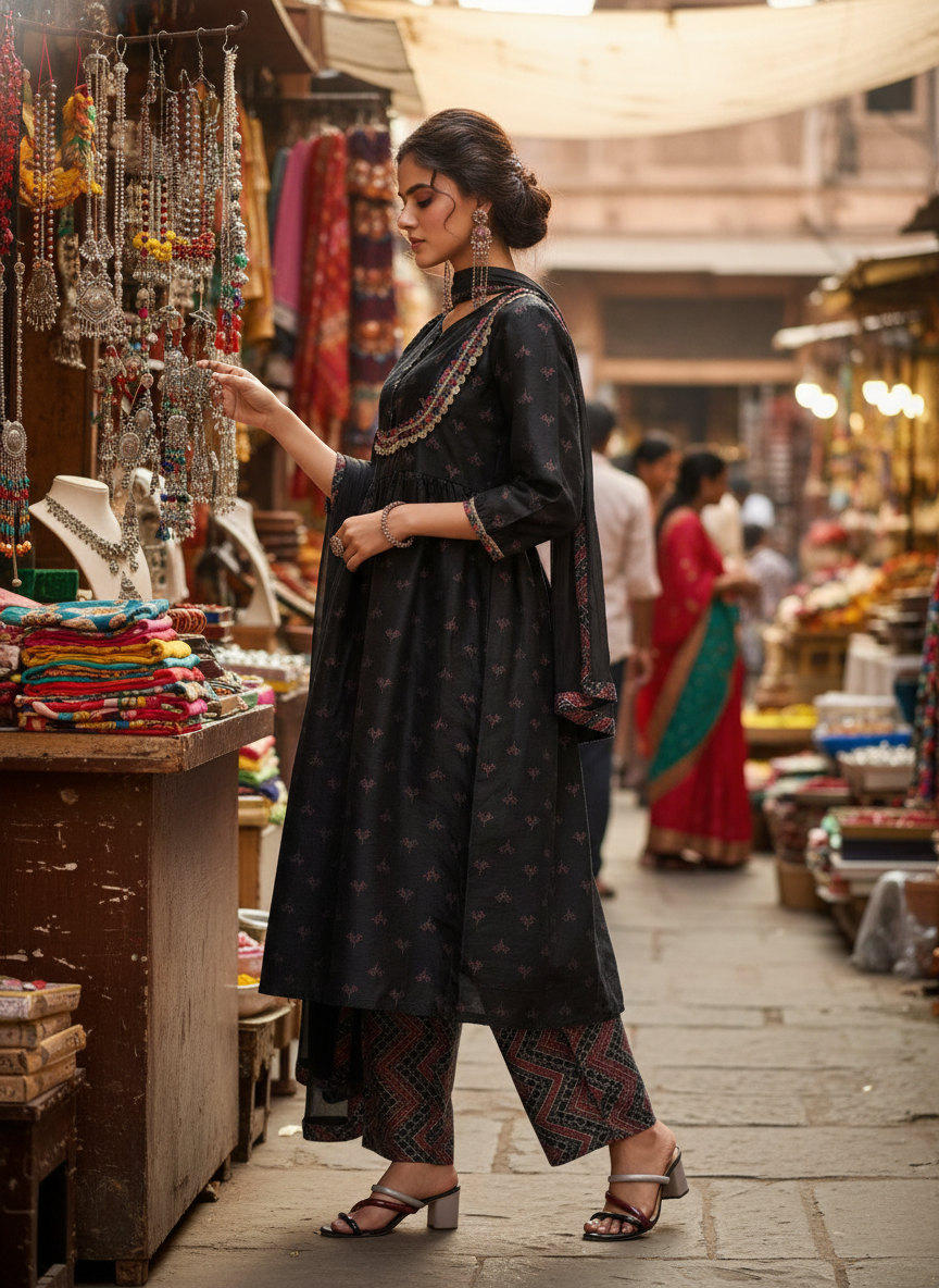 Black Ajrakh Print Hand-Appliquéd Zari Lace Detailed Suit Set with Printed Frill Accents in Chanderi Silk with Dupatta