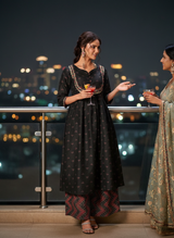 Black Ajrakh Print Hand-Appliquéd Zari Lace Detailed Suit Set with Printed Frill Accents in Chanderi Silk with Dupatta