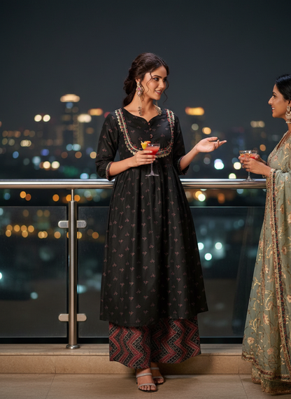 Black Ajrakh Print Hand-Appliquéd Zari Lace Detailed Suit Set with Printed Frill Accents in Chanderi Silk with Dupatta