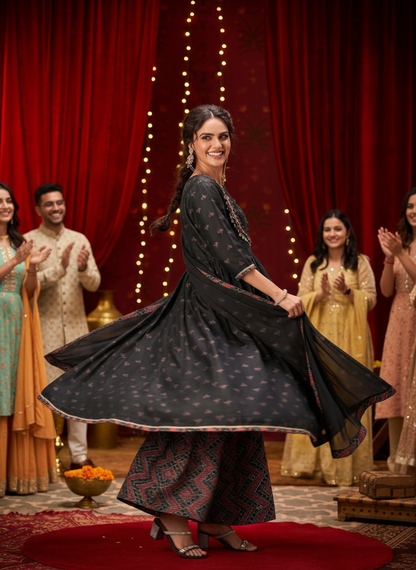 Black Ajrakh Print Hand-Appliquéd Zari Lace Detailed Suit Set with Printed Frill Accents in Chanderi Silk with Dupatta