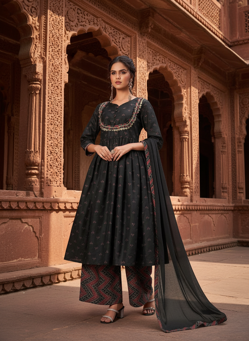 Black Ajrakh Print Hand-Appliquéd Zari Lace Detailed Suit Set with Printed Frill Accents in Chanderi Silk with Dupatta