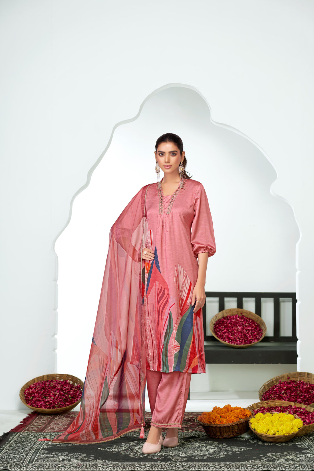 Shama Peach Handcrafted Zardozi Zari Embroidered Satin Silk Kurta Set with Artistic Floral Printed Dupatta in Satin Silk with Cotton Mul Lining