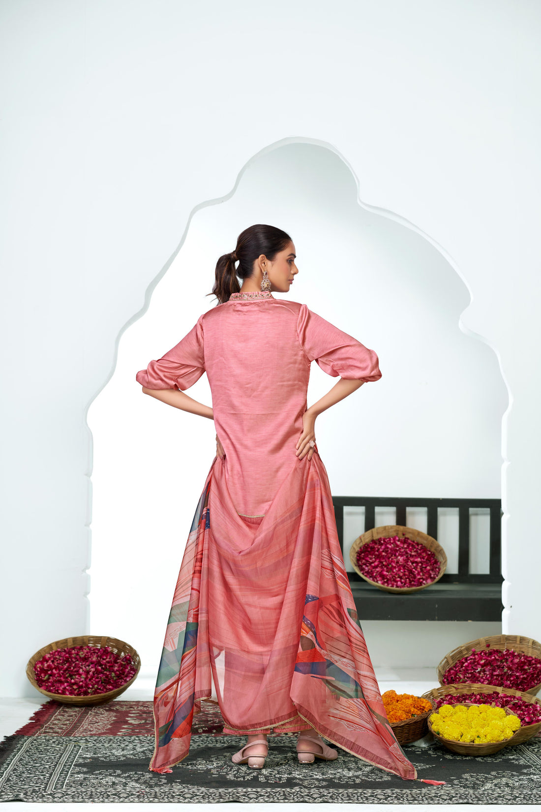 Shama Peach Handcrafted Zardozi Zari Embroidered Satin Silk Kurta Set with Artistic Floral Printed Dupatta in Satin Silk with Cotton Mul Lining