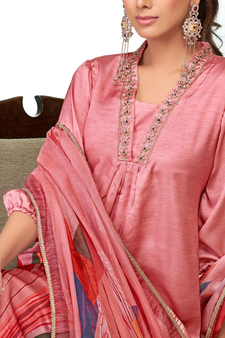 Shama Peach Handcrafted Zardozi Zari Embroidered Satin Silk Kurta Set with Artistic Floral Printed Dupatta in Satin Silk with Cotton Mul Lining