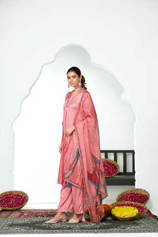 Shama Peach Handcrafted Zardozi Zari Embroidered Satin Silk Kurta Set with Artistic Floral Printed Dupatta in Satin Silk with Cotton Mul Lining