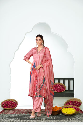Shama Peach Handcrafted Zardozi Zari Embroidered Satin Silk Kurta Set with Artistic Floral Printed Dupatta in Satin Silk with Cotton Mul Lining