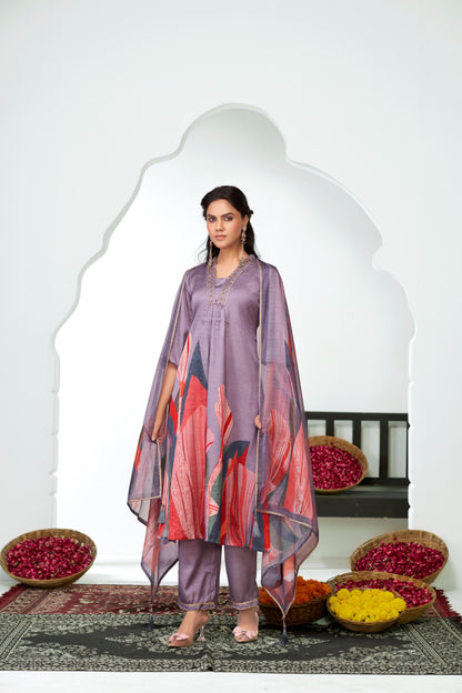 Shama Royal Purple Handcrafted Zardozi Zari Embroidered Satin Silk Kurta Set with Artistic Floral Printed Dupatta in Satin Silk with Cotton Mul Lining