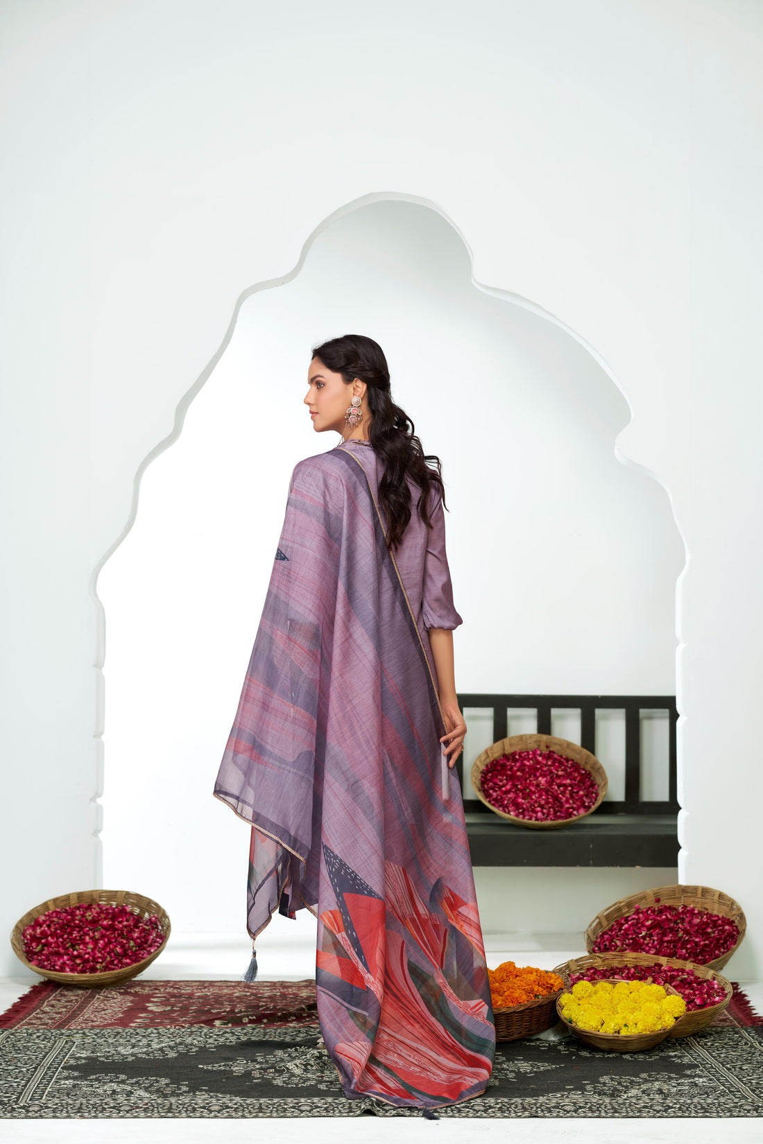 Shama Royal Purple Handcrafted Zardozi Zari Embroidered Satin Silk Kurta Set with Artistic Floral Printed Dupatta in Satin Silk with Cotton Mul Lining