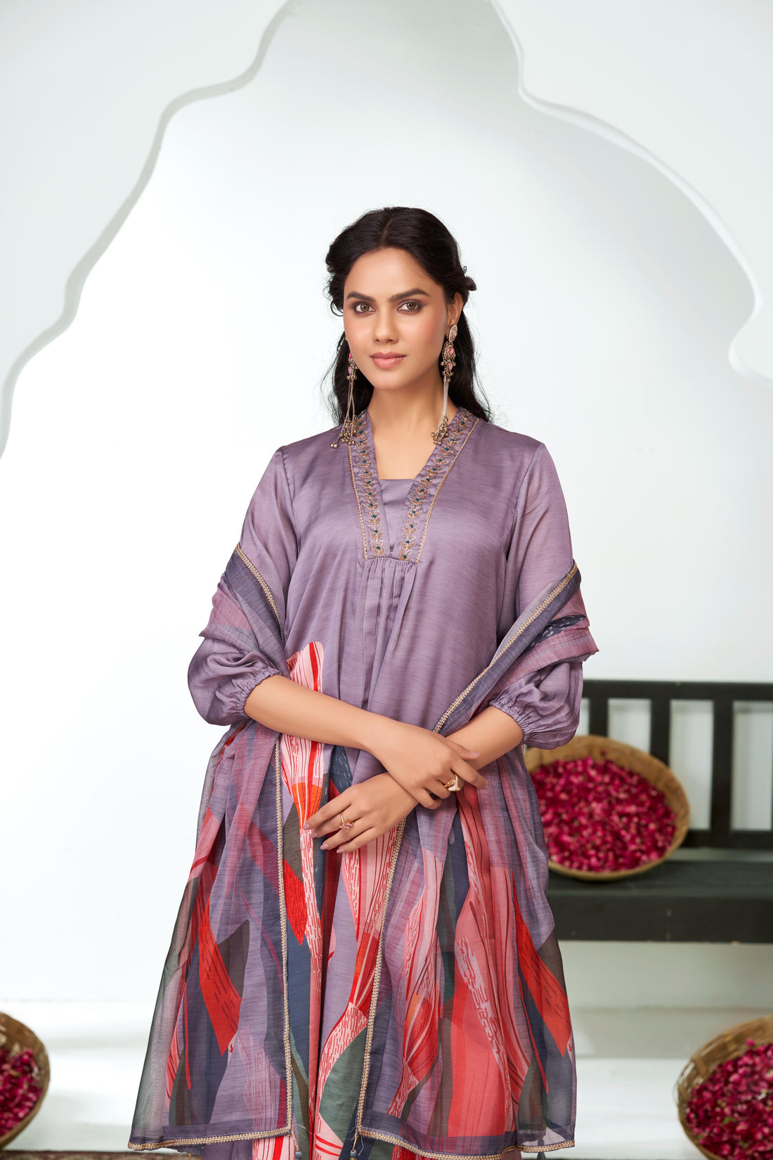 Shama Royal Purple Handcrafted Zardozi Zari Embroidered Satin Silk Kurta Set with Artistic Floral Printed Dupatta in Satin Silk with Cotton Mul Lining
