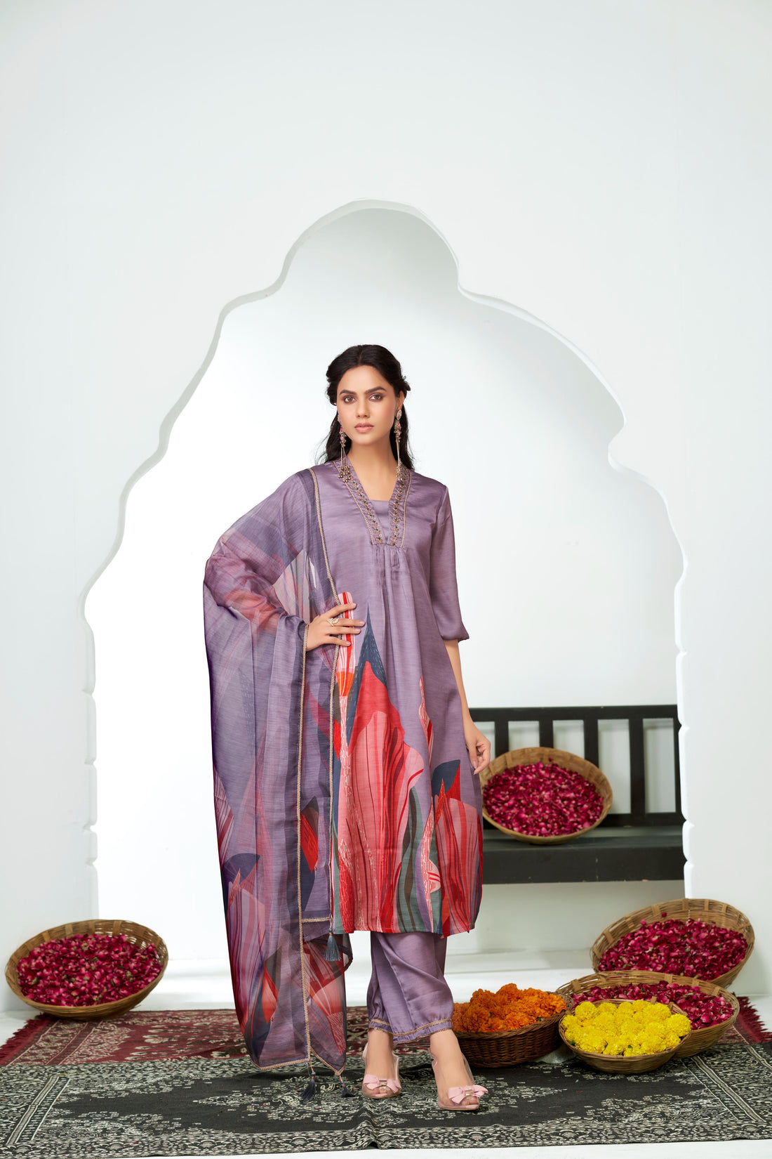Shama Royal Purple Handcrafted Zardozi Zari Embroidered Satin Silk Kurta Set with Artistic Floral Printed Dupatta in Satin Silk with Cotton Mul Lining