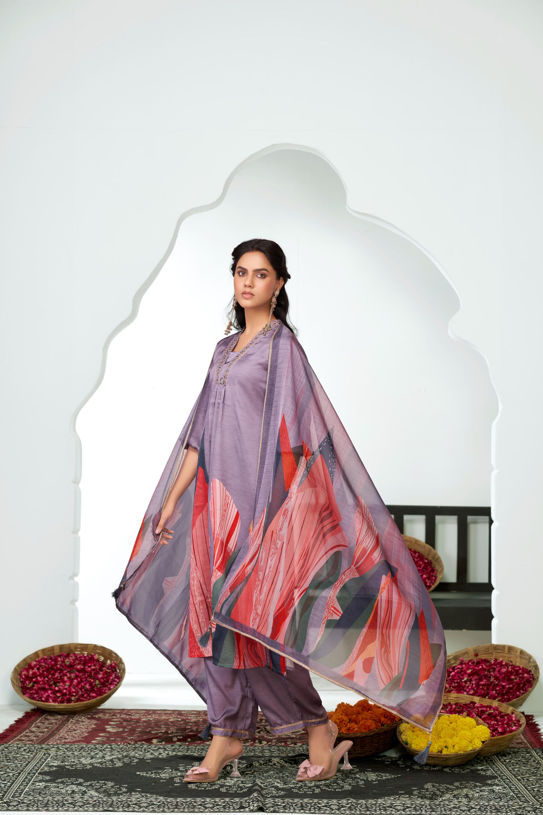 Shama Royal Purple Handcrafted Zardozi Zari Embroidered Satin Silk Kurta Set with Artistic Floral Printed Dupatta in Satin Silk with Cotton Mul Lining