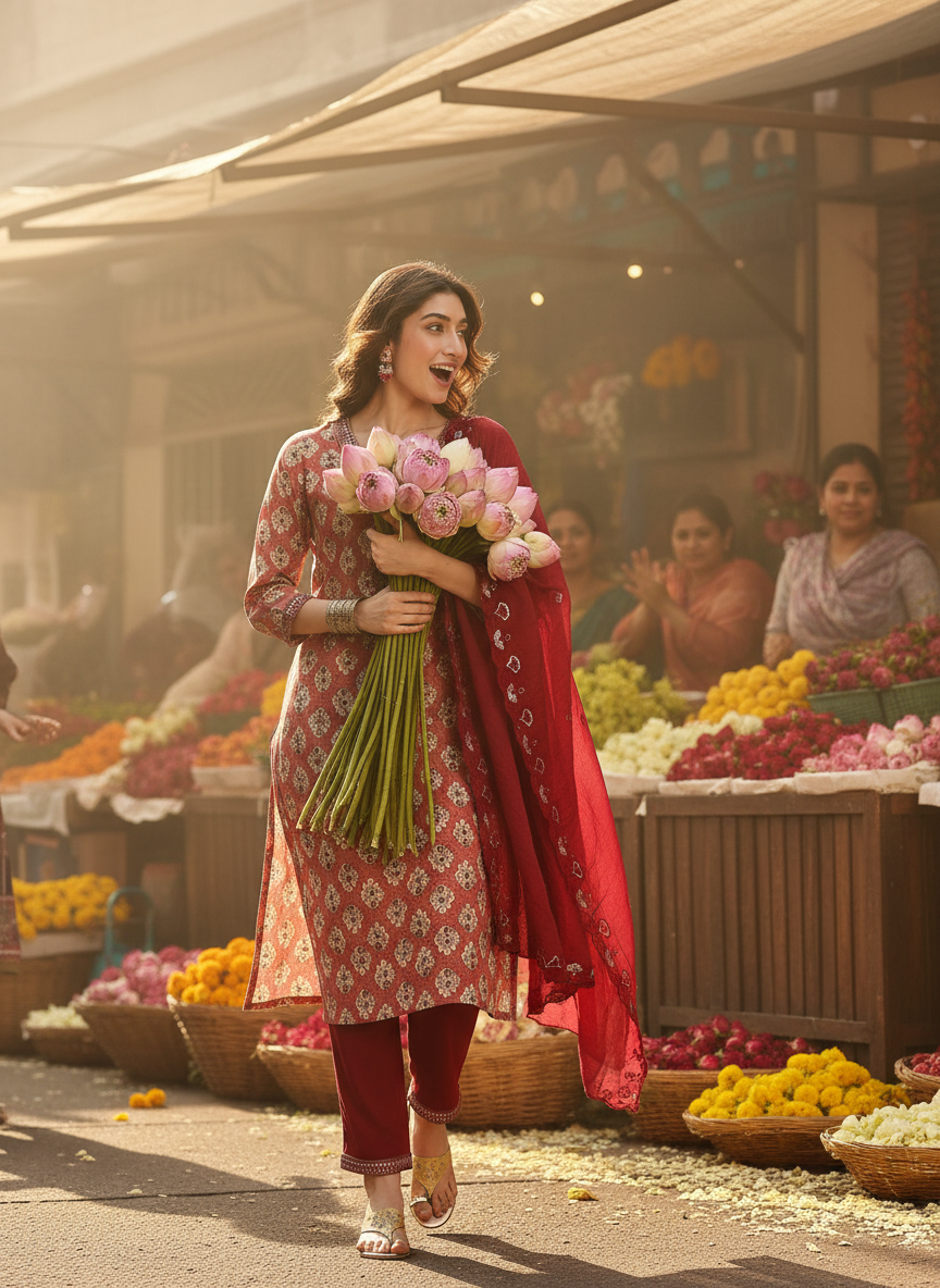 Shamaira Rust Ethnic Printed Salwar Suit with Thread Embroidered Neck Panel – Viscose Rayon with Cotton Mul Lining