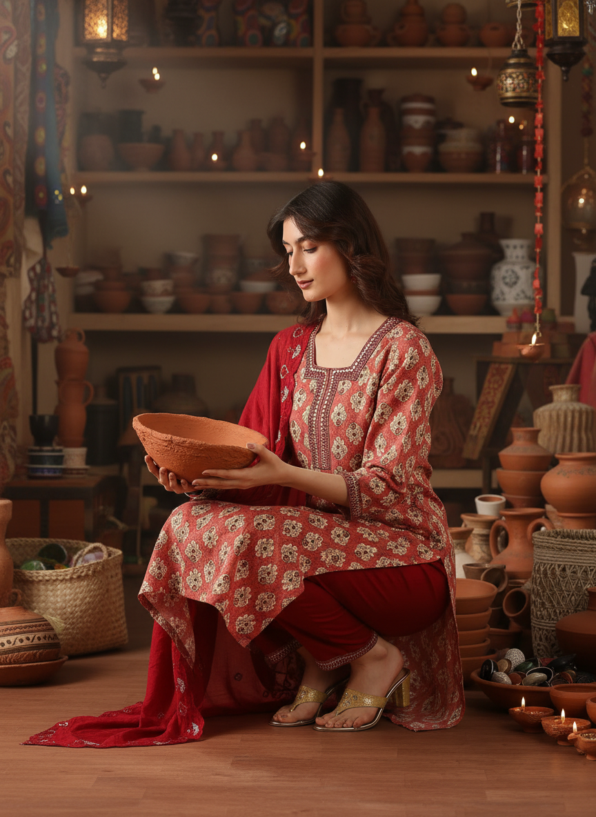 Shamaira Rust Ethnic Printed Salwar Suit with Thread Embroidered Neck Panel in Viscose