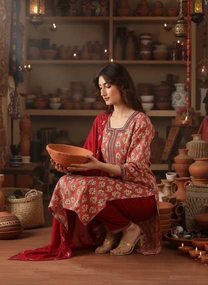 Shamaira Rust Ethnic Printed Salwar Suit with Thread Embroidered Neck Panel in Viscose
