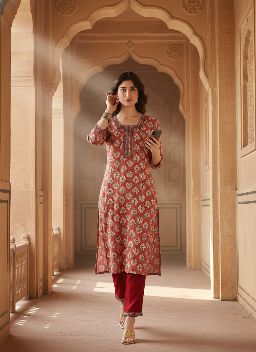 Shamaira Rust Ethnic Printed Salwar Suit with Thread Embroidered Neck Panel in Viscose
