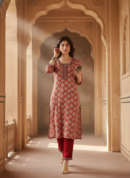Shamaira Rust Ethnic Printed Salwar Suit with Thread Embroidered Neck Panel in Viscose