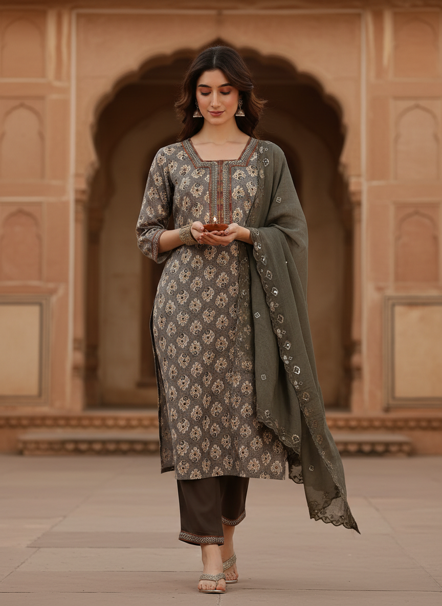 Shamaira Grey Ethnic Printed Salwar Suit with Thread Embroidered Neck Panel in Viscose