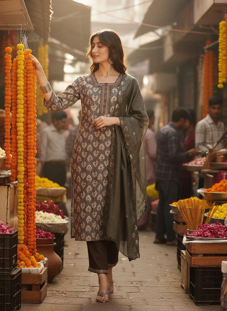 Shamaira Grey Ethnic Printed Salwar Suit with Thread Embroidered Neck Panel in Viscose