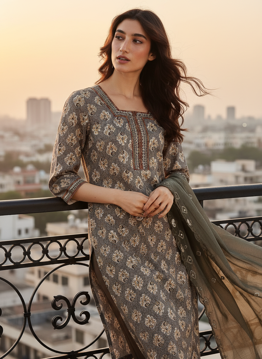 Shamaira Grey Ethnic Printed Salwar Suit with Thread Embroidered Neck Panel in Viscose