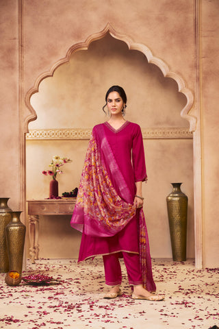 Shikha Fuchsia Sequin & Glass Bugle Embellished Neck Kurta Set with Lace Hem Dupatta in Pure Muslin with Cotton Mul Lining