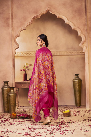 Shikha Fuchsia Sequin & Glass Bugle Embellished Neck Kurta Set with Lace Hem Dupatta in Pure Muslin with Cotton Mul Lining