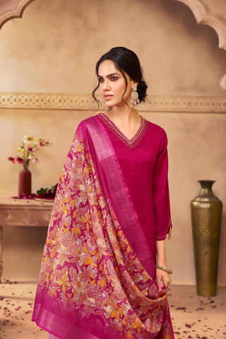 Shikha Fuchsia Sequin & Glass Bugle Embellished Neck Kurta Set with Lace Hem Dupatta in Pure Muslin with Cotton Mul Lining