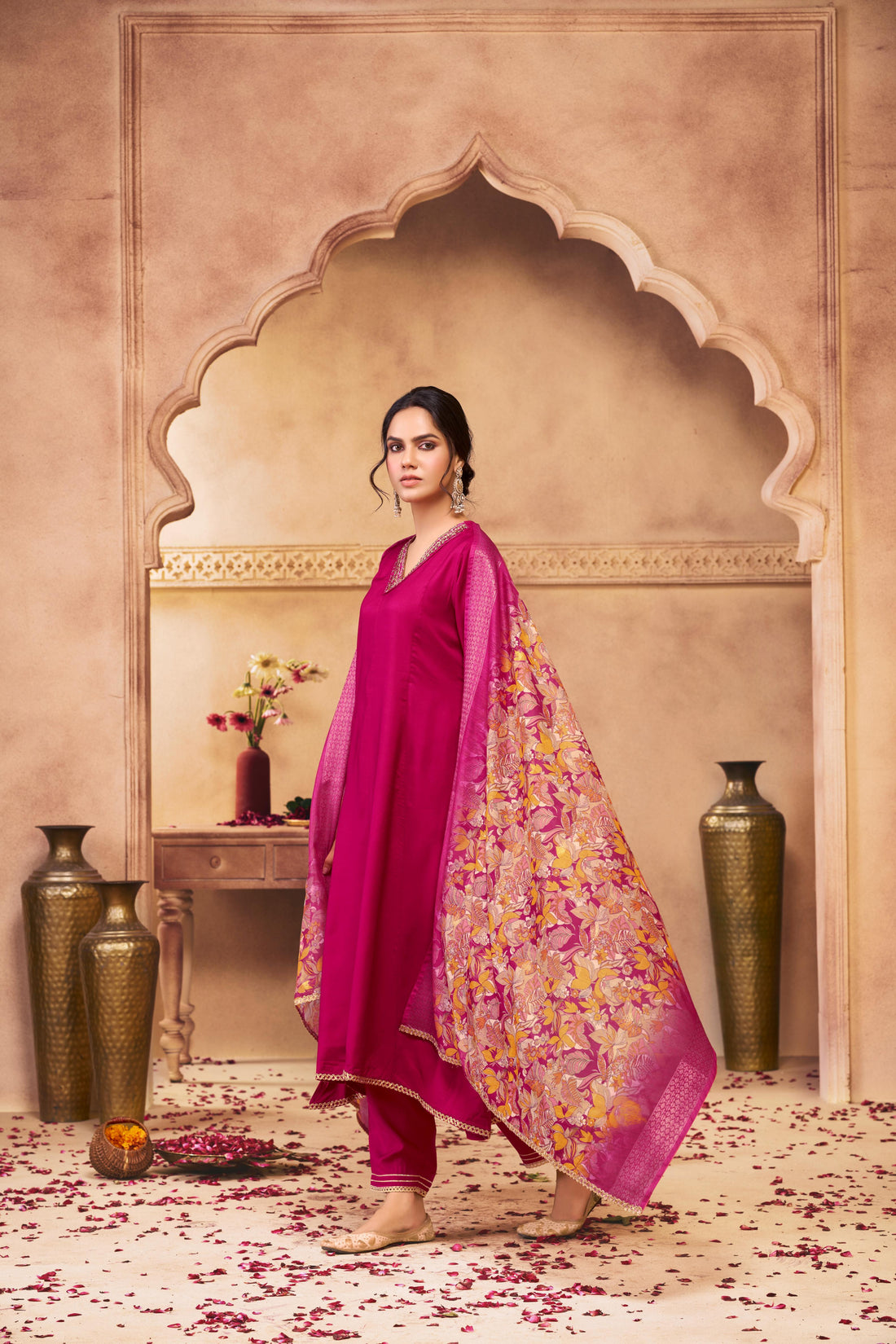 Shikha Fuchsia Sequin & Glass Bugle Embellished Neck Kurta Set with Lace Hem Dupatta in Pure Muslin with Cotton Mul Lining
