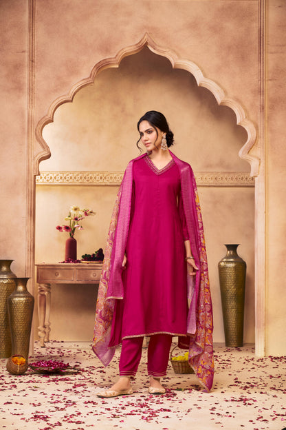 Shikha Fuchsia Sequin & Glass Bugle Embellished Neck Kurta Set with Lace Hem Dupatta in Pure Muslin with Cotton Mul Lining
