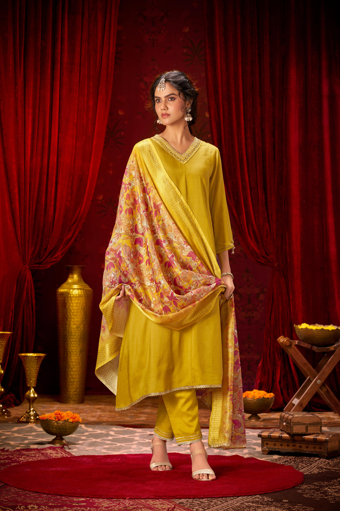 Shikha Mustard Sequin & Glass Bugle Embellished Neck Kurta Set with Lace Hem Dupatta in Pure Muslin with Cotton Mul Lining