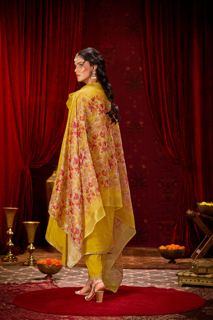 Shikha Mustard Sequin & Glass Bugle Embellished Neck Kurta Set with Lace Hem Dupatta in Pure Muslin with Cotton Mul Lining