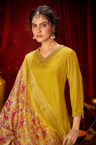 Shikha Mustard Sequin & Glass Bugle Embellished Neck Kurta Set with Lace Hem Dupatta in Pure Muslin with Cotton Mul Lining