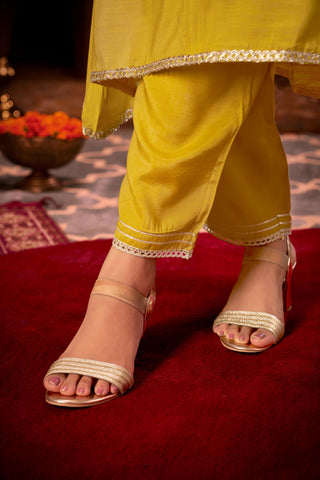 Shikha Mustard Sequin & Glass Bugle Embellished Neck Kurta Set with Lace Hem Dupatta in Pure Muslin with Cotton Mul Lining