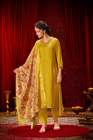 Shikha Mustard Sequin & Glass Bugle Embellished Neck Kurta Set with Lace Hem Dupatta in Pure Muslin with Cotton Mul Lining