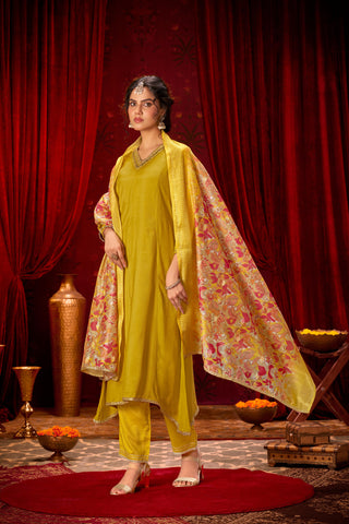 Shikha Mustard Sequin & Glass Bugle Embellished Neck Kurta Set with Lace Hem Dupatta in Pure Muslin with Cotton Mul Lining