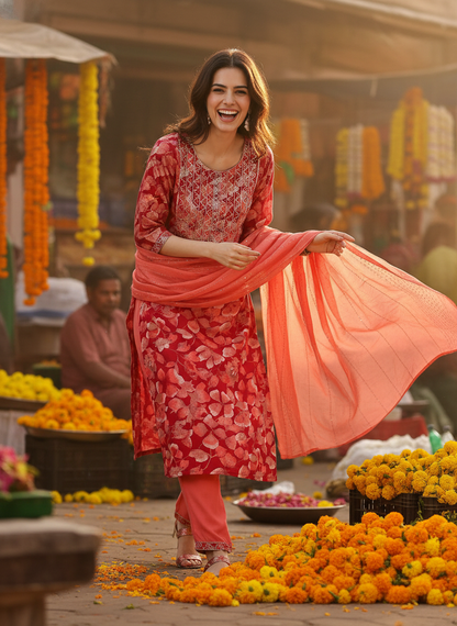 Simar Printed Fuchsia Kurta Set with Dupatta Featuring Hand Embroidered Sequin & Thread Work Neckline in Viscose