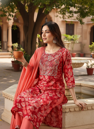 Simar Printed Fuchsia Kurta Set with Dupatta Featuring Hand Embroidered Sequin & Thread Work Neckline in Viscose