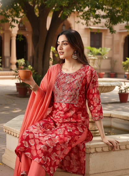 Simar Printed Fuchsia Kurta Set with Dupatta Featuring Hand Embroidered Sequin & Thread Work Neckline in Viscose