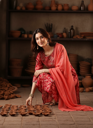 Simar Printed Fuchsia Kurta Set with Dupatta Featuring Hand Embroidered Sequin & Thread Work Neckline in Viscose