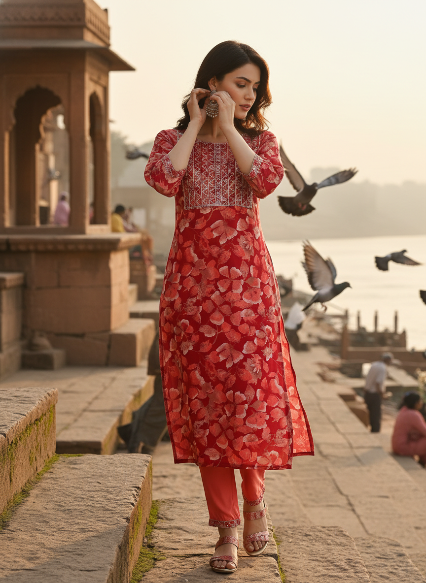 Simar Printed Fuchsia Kurta Set with Dupatta Featuring Hand Embroidered Sequin & Thread Work Neckline in Viscose