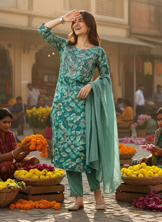 Simar Printed Rama Kurta Set with Dupatta Featuring Hand Embroidered Sequin & Thread Work Neckline in Viscose