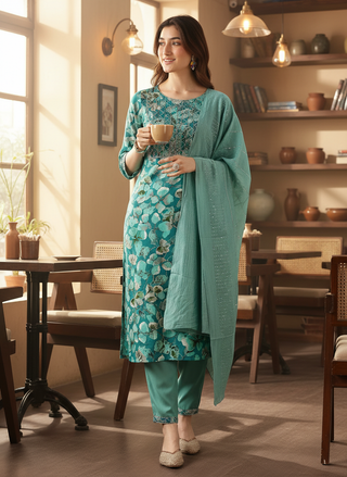 Simar Printed Rama Kurta Set with Dupatta Featuring Hand Embroidered Sequin & Thread Work Neckline in Viscose
