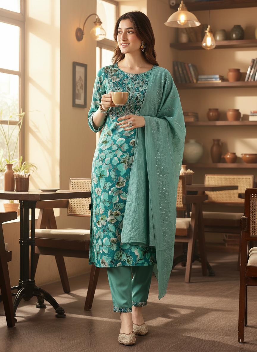 Simar Printed Rama Kurta Set with Dupatta Featuring Hand Embroidered Sequin & Thread Work Neckline in Viscose