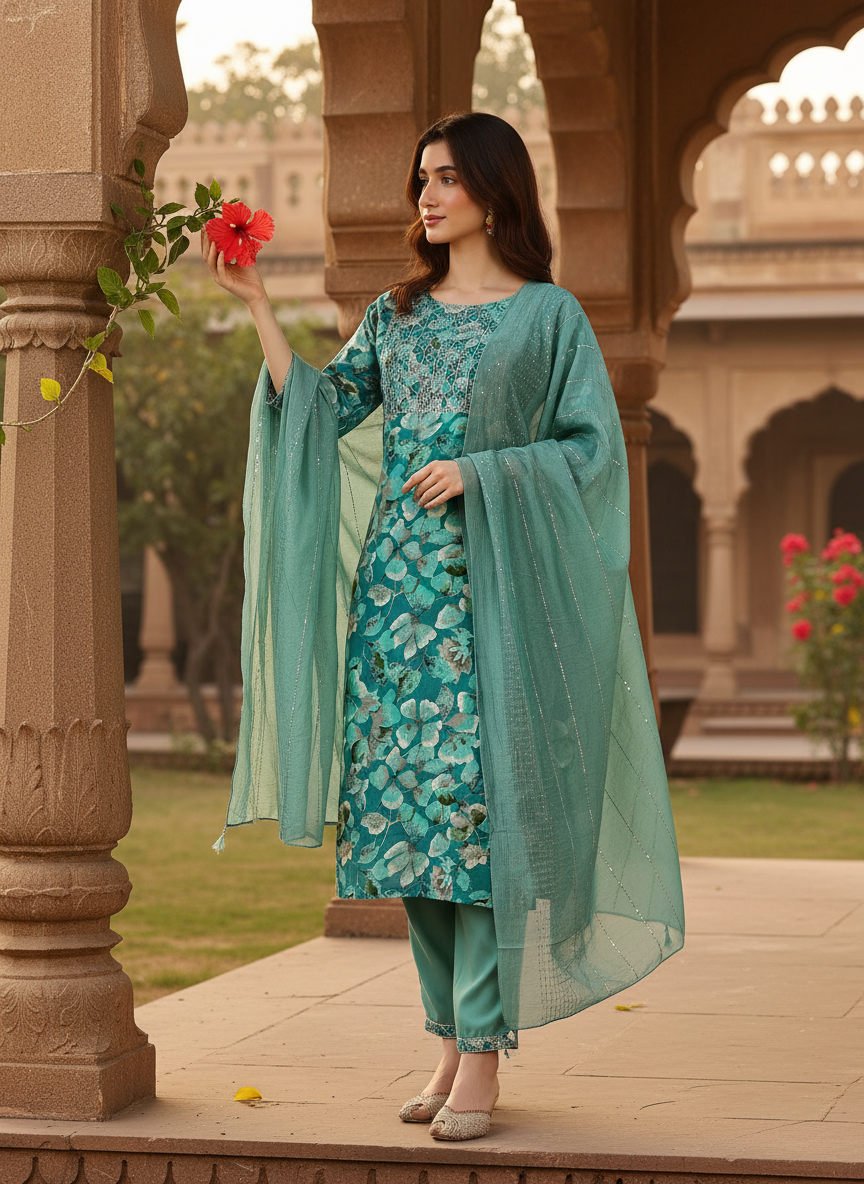 Simar Printed Rama Kurta Set with Dupatta Featuring Hand Embroidered Sequin & Thread Work Neckline in Viscose