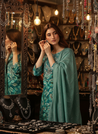 Simar Printed Rama Kurta Set with Dupatta Featuring Hand Embroidered Sequin & Thread Work Neckline in Viscose