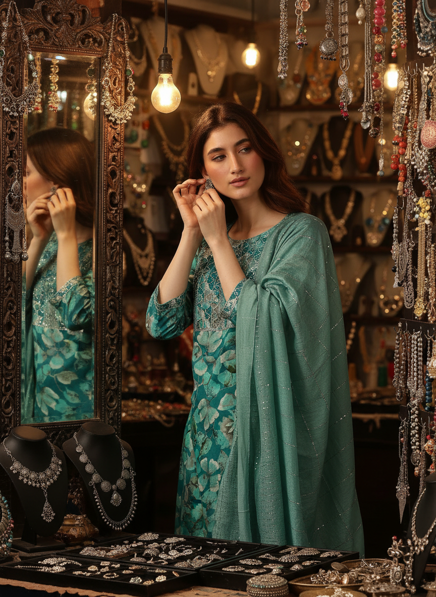 Simar Printed Rama Kurta Set with Dupatta Featuring Hand Embroidered Sequin & Thread Work Neckline in Viscose